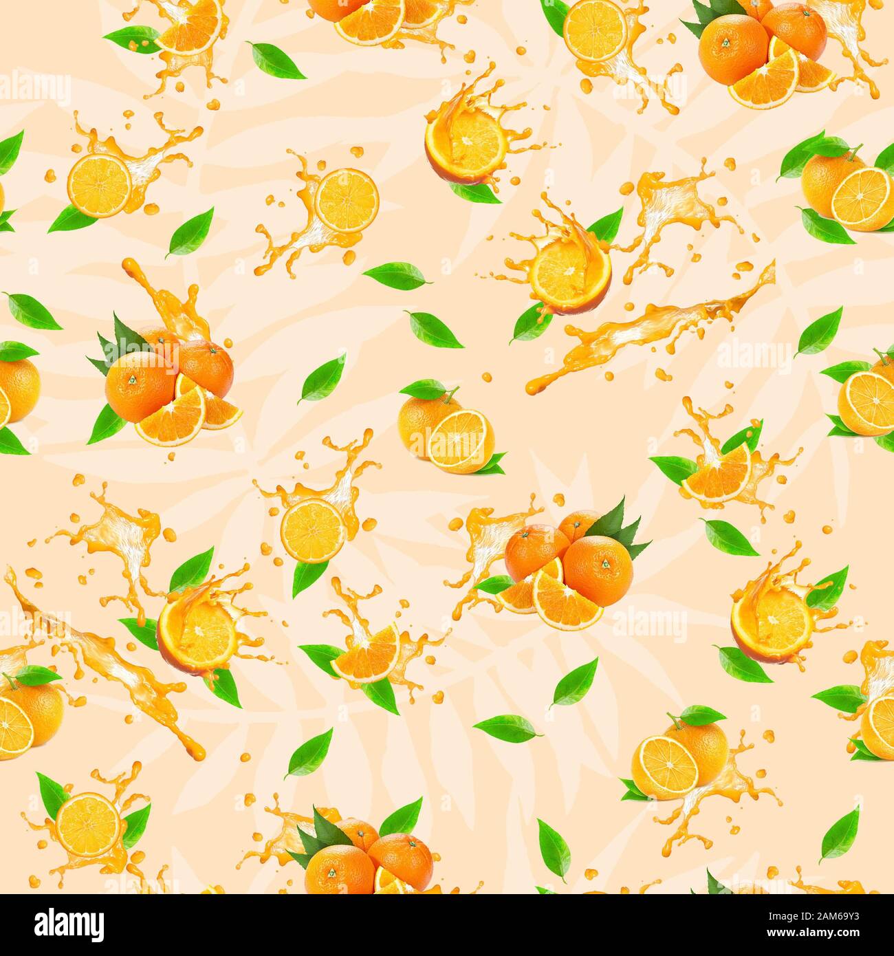 Orange fruit seamless pattern with leaves.Splash background ...