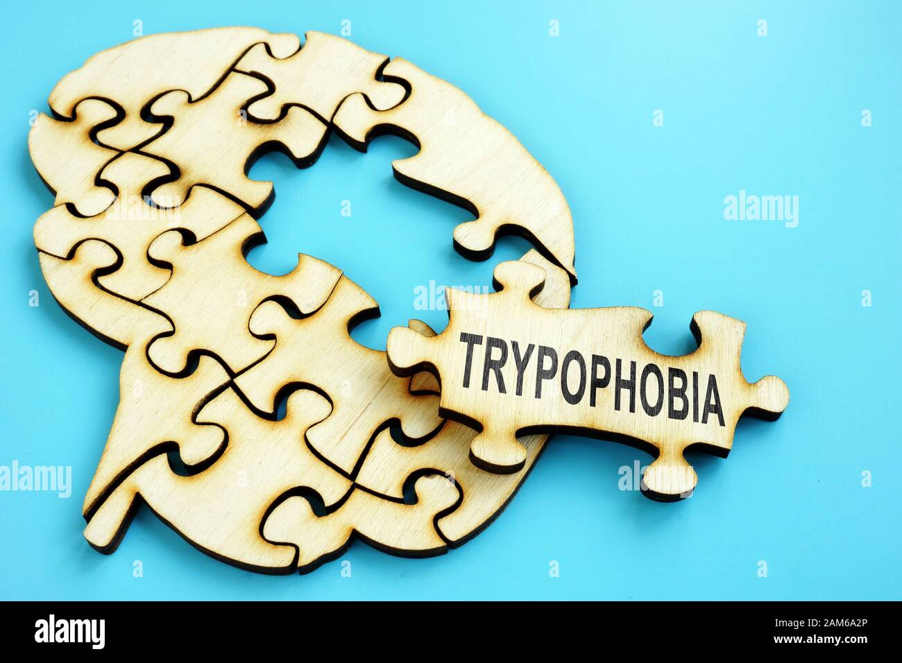 Word Trypophobia on the wooden puzzle with brain shape. Stock Photo