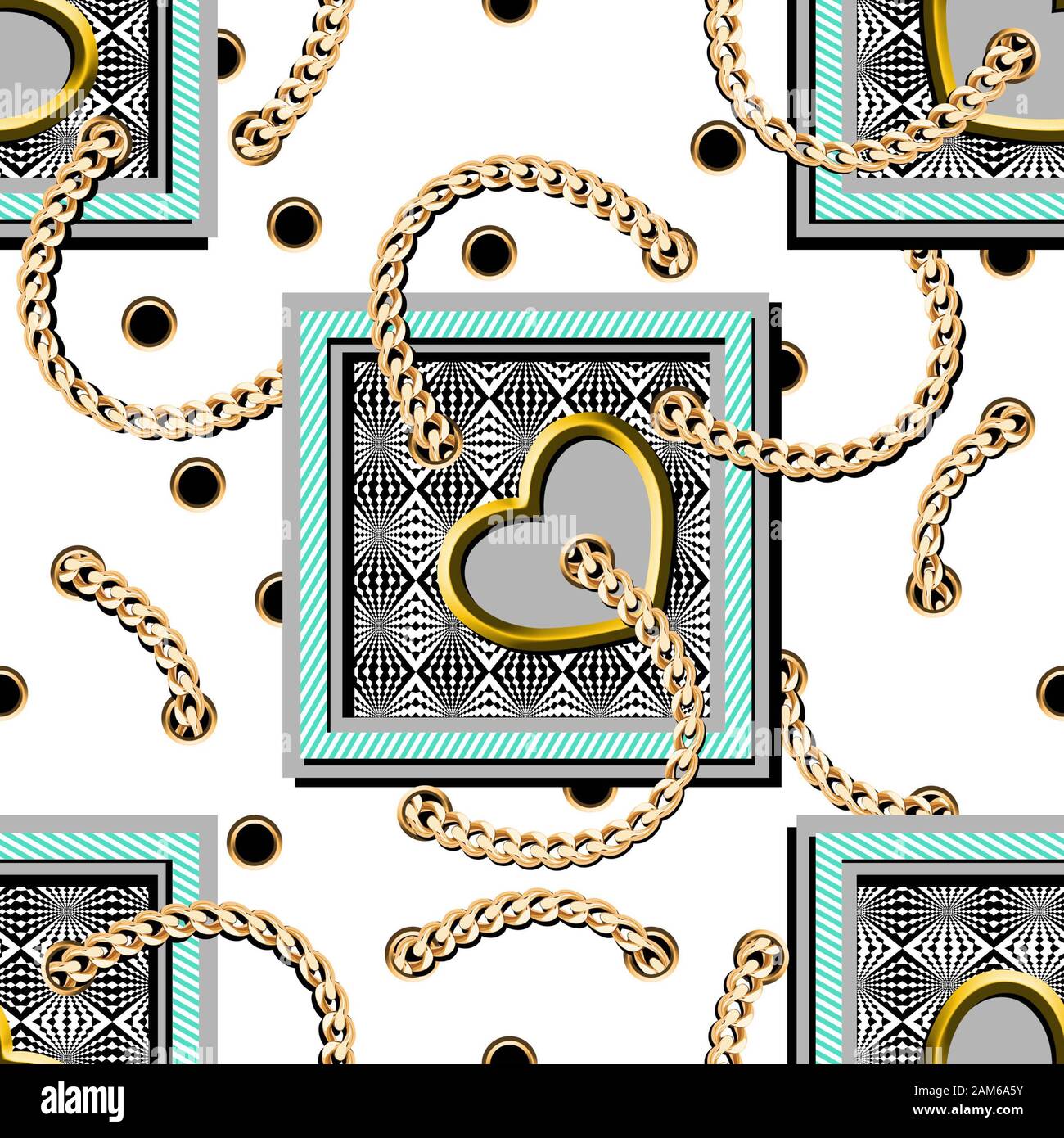 Ornamental golden chains,hearts pattern with geometric shapes.Frames, borders. Shawl, bandanna, kerchief, scarf print. - illustration Stock Photo