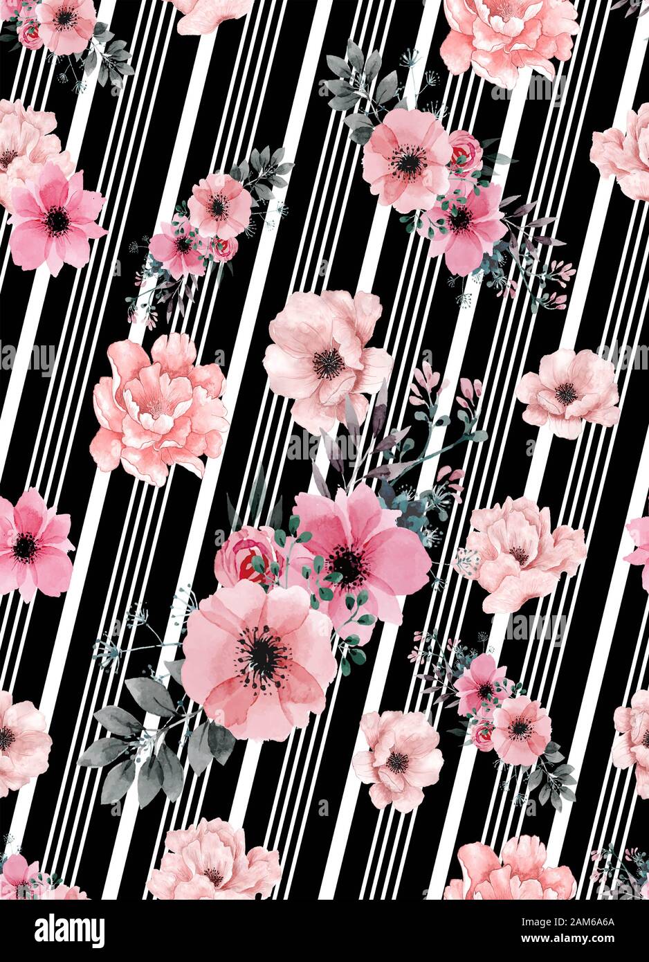 Watercolor pink flowers pattern with diagonal white lines,stripes
