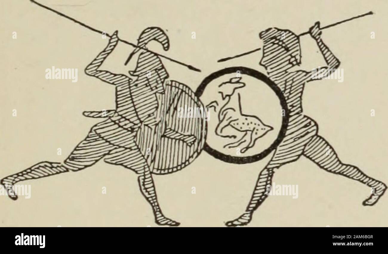 The antique Greek dance, after sculptured and painted figures . lists with lances often at-tack one another with fury (Fig.537), lance lifted, the helmeteddancers giving a realistic imitation of actual combat (Fig. 538).The left arm holds the shield, the right lifts the weapon, the nudebody turning by stamping in IV crossed, making a circular track,the dancers always standing on the rim of this circle, its diameterremaining the same, whatever the movement of the dancers. It is probable that at set intervalsthe warriors struck with thesword or lance (as the fig-ures in 538 would seem toprove) a Stock Photo