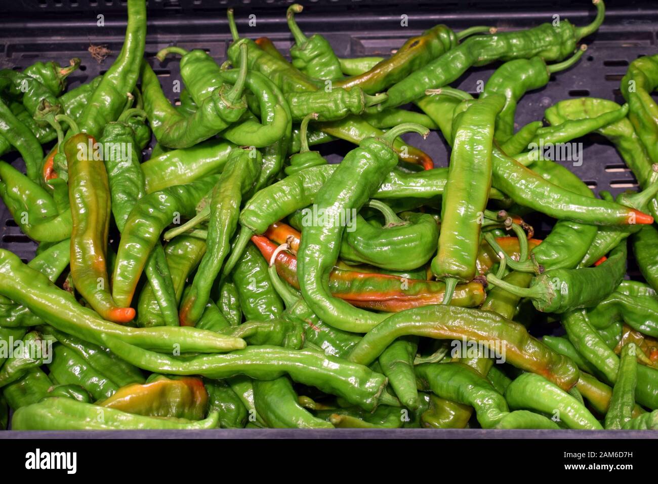Top view of green chili peppers background. bunch of spicy green hot ...