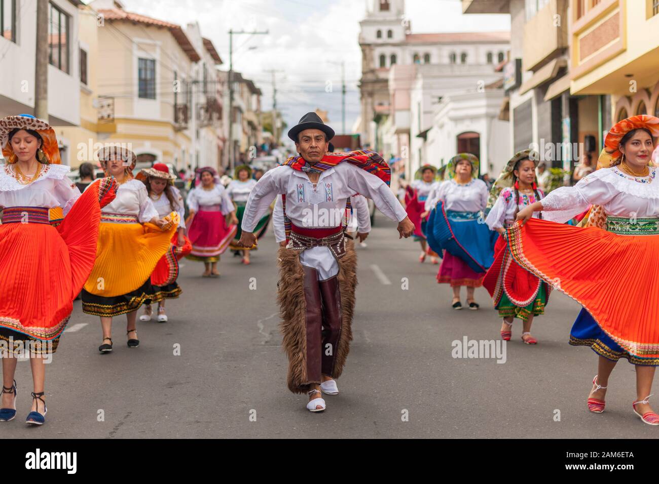 Participants in a new year street festival in Riobamba, Ecuador. Stock Photo