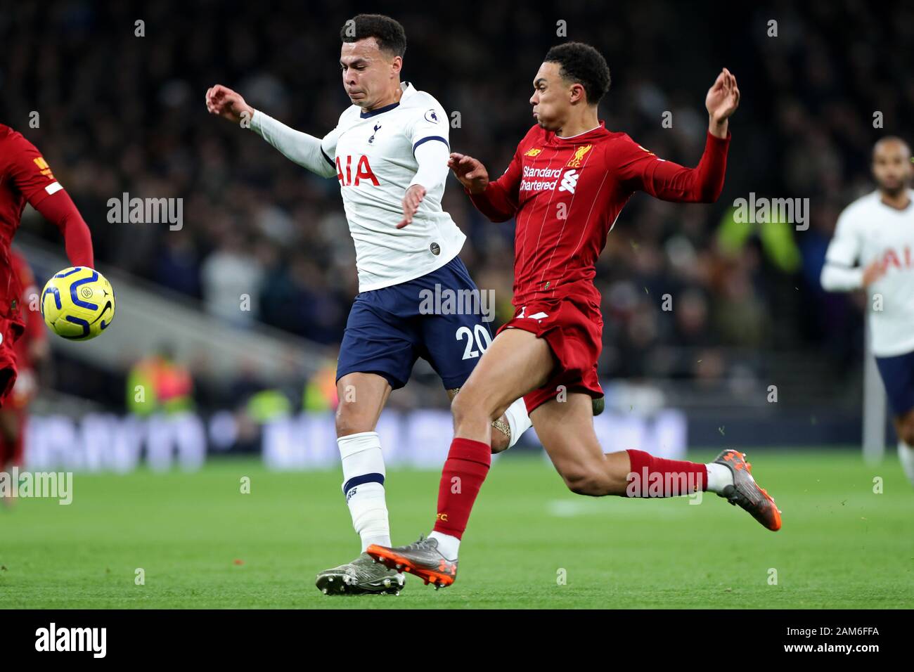 London, UK. 11th Jan, 2020. Liverpool defender Trent Alexander-Arnold  battles with Tottenham midfielder Dele Alli during the Premier League match  between Tottenham Hotspur and Liverpool at the Tottenham Hotspur Stadium,  London on