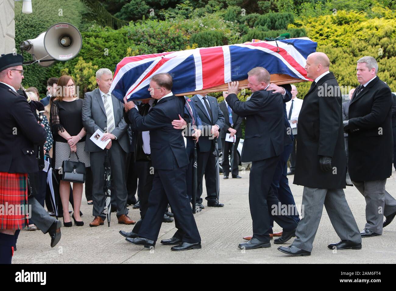 The coffin of Willie Frazer is carried into the Five Mile Hill Full Gospel Fellowship Church on the Maytown Road, County Armagh, Monday July 1st, 2019. Stock Photo