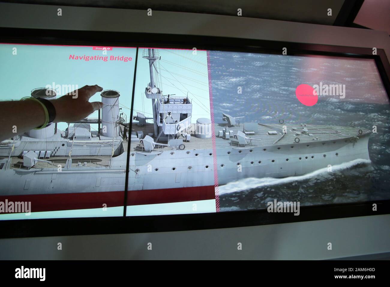 Computer graphics explain to the visitor the workings of HMS Caroline