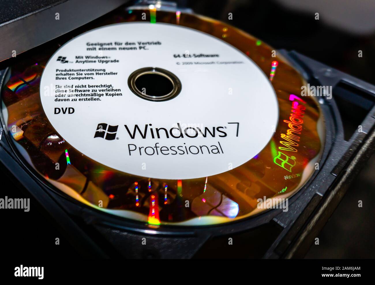 WILDFLECKEN, BAVARIA, GERMANY - JANUARY 11, 2020 An original Microsoft Windows 7 DVD in a DVD drive Stock Photo