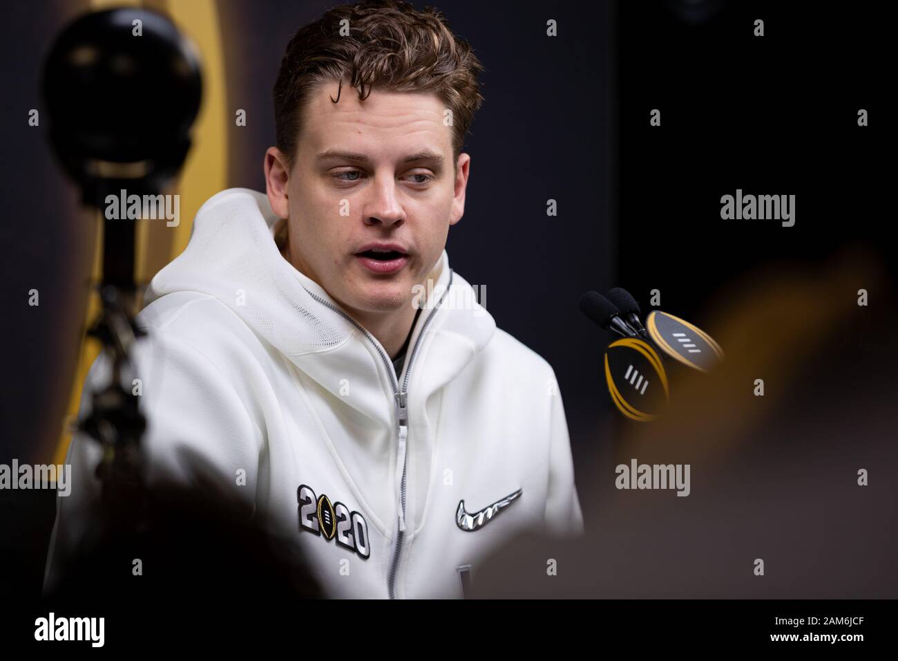 New Orleans, LA, USA. 11th Jan, 2020. Joe Burrow (9) of the LSU Tigers speaks to media during the NCAA College Football Playoff media day at Xavier University of Louisiana Convocation Center on January 11, 2020 in New Orleans, LA. Adam Lacy/CSM/Alamy Live News Stock Photo