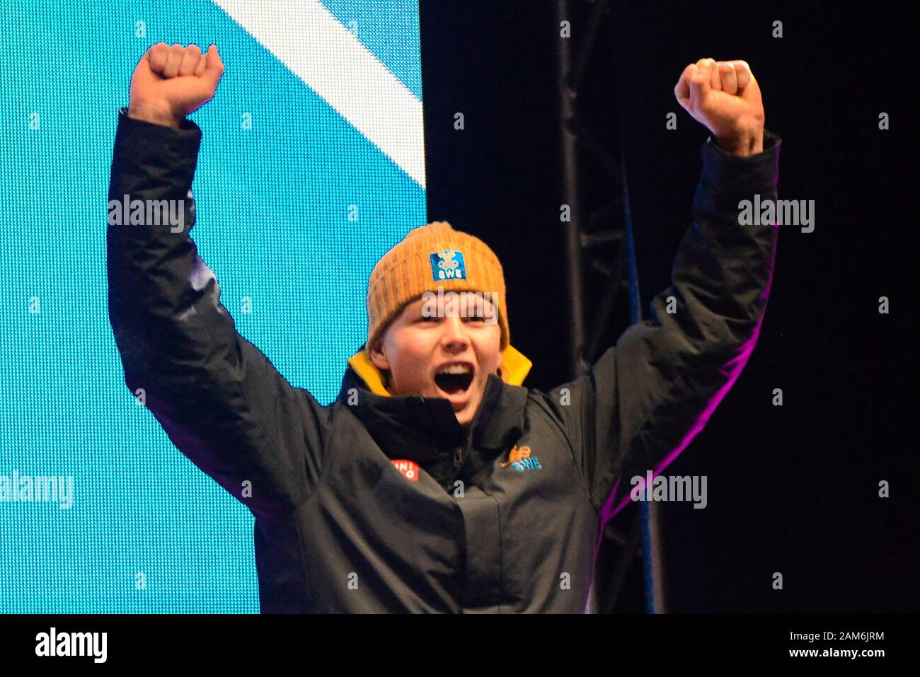 Lausanne, Switzerland. 11th Jan, 2020. Adam Hofstedt of Sweden celebrates getting the bronze medal from the Alpine Men's Combined Slalom event in the 2020 Winter Youth Olympic Games in Lausanne Switzerland. Credit: Christopher Levy/ZUMA Wire/Alamy Live News Stock Photo