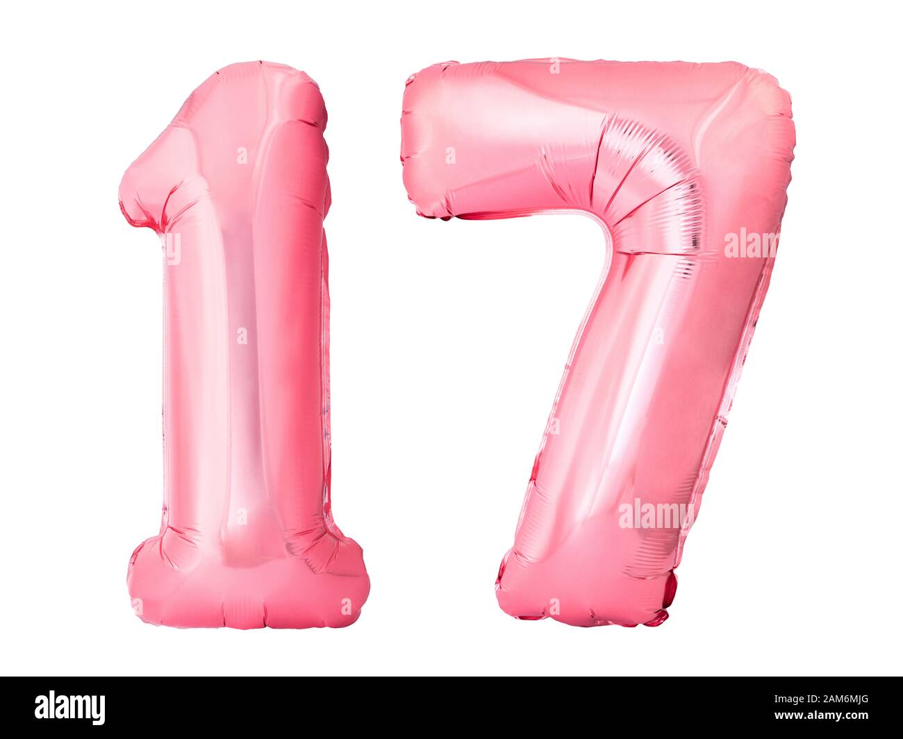 Number 17 seventeen made of rose gold inflatable balloons isolated on ...