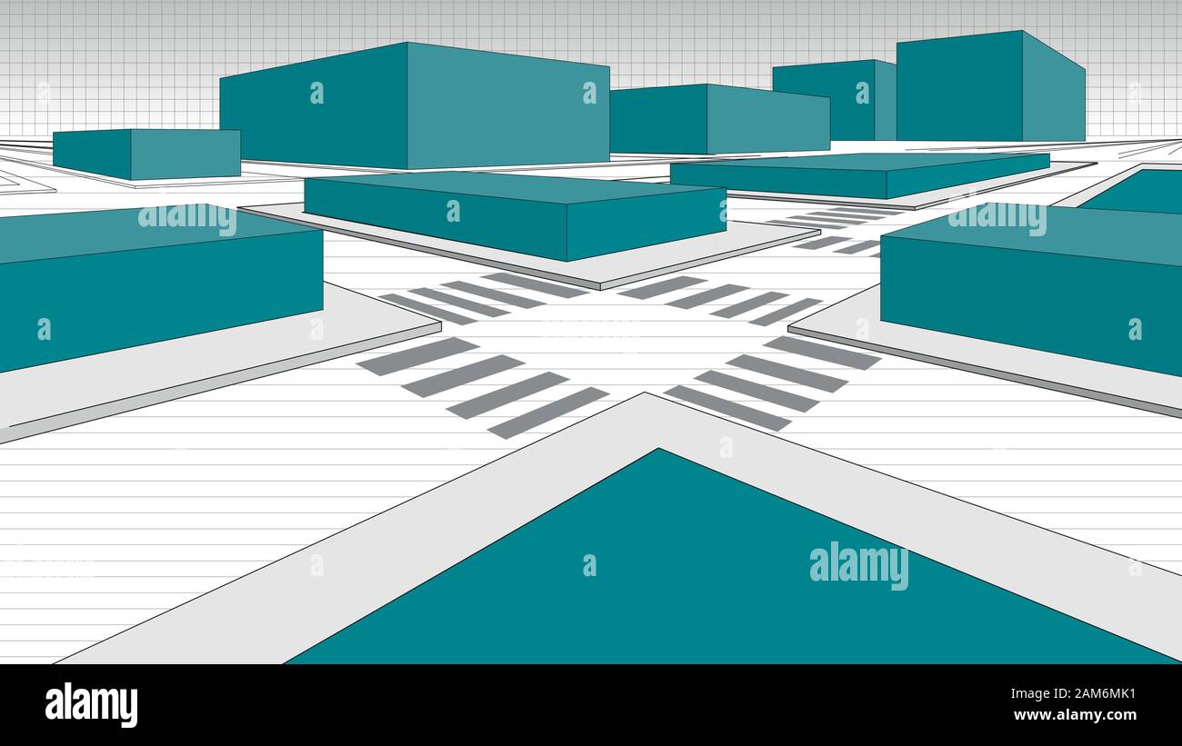 Detail of a 3-dimensional city map with green blocks simulating buildings and streets in white outlined with black line. Vector image Stock Vector