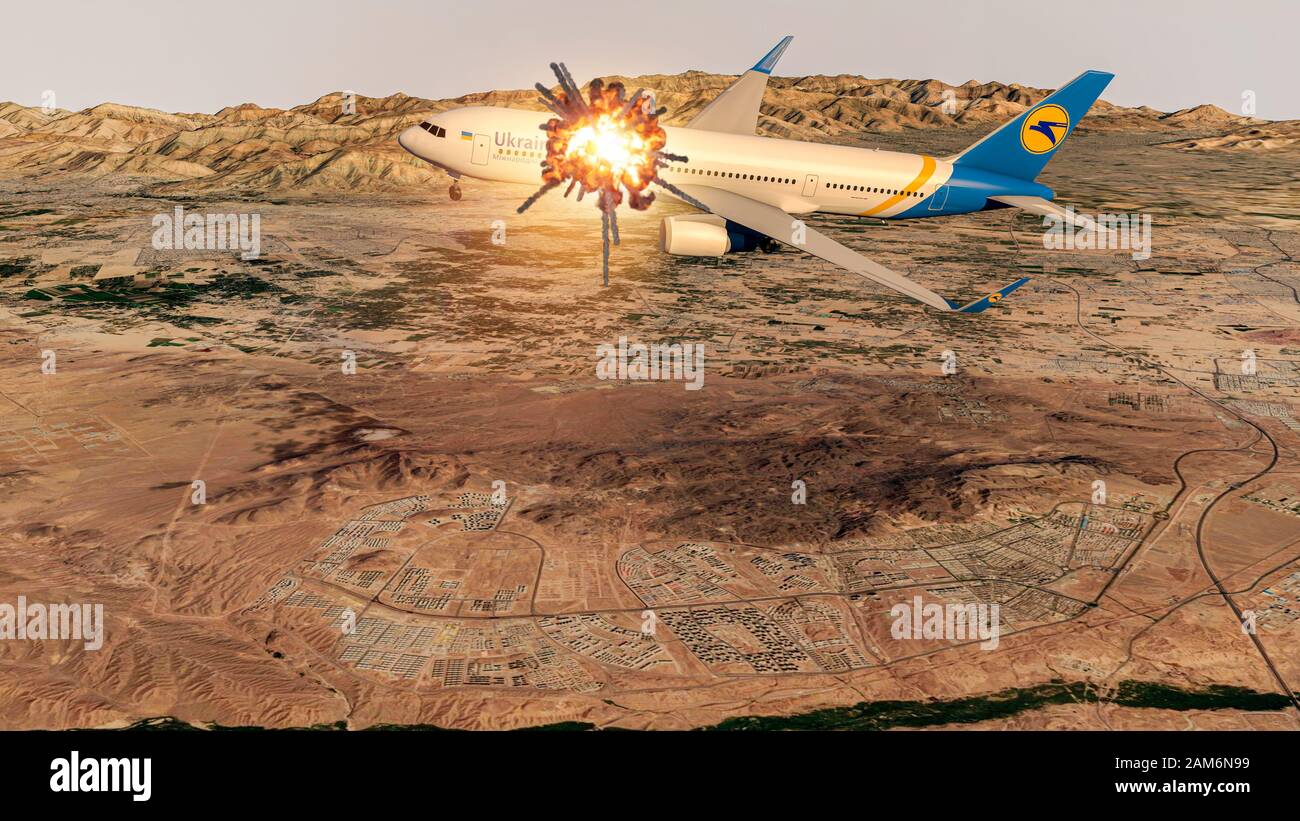 Plane crash, Iranian missile hitting Ukrainian airliner. 01/08/2020. Tehran, Iran. Flight taken off from Tehran airport and destroyed by a missile, 3d Stock Photo