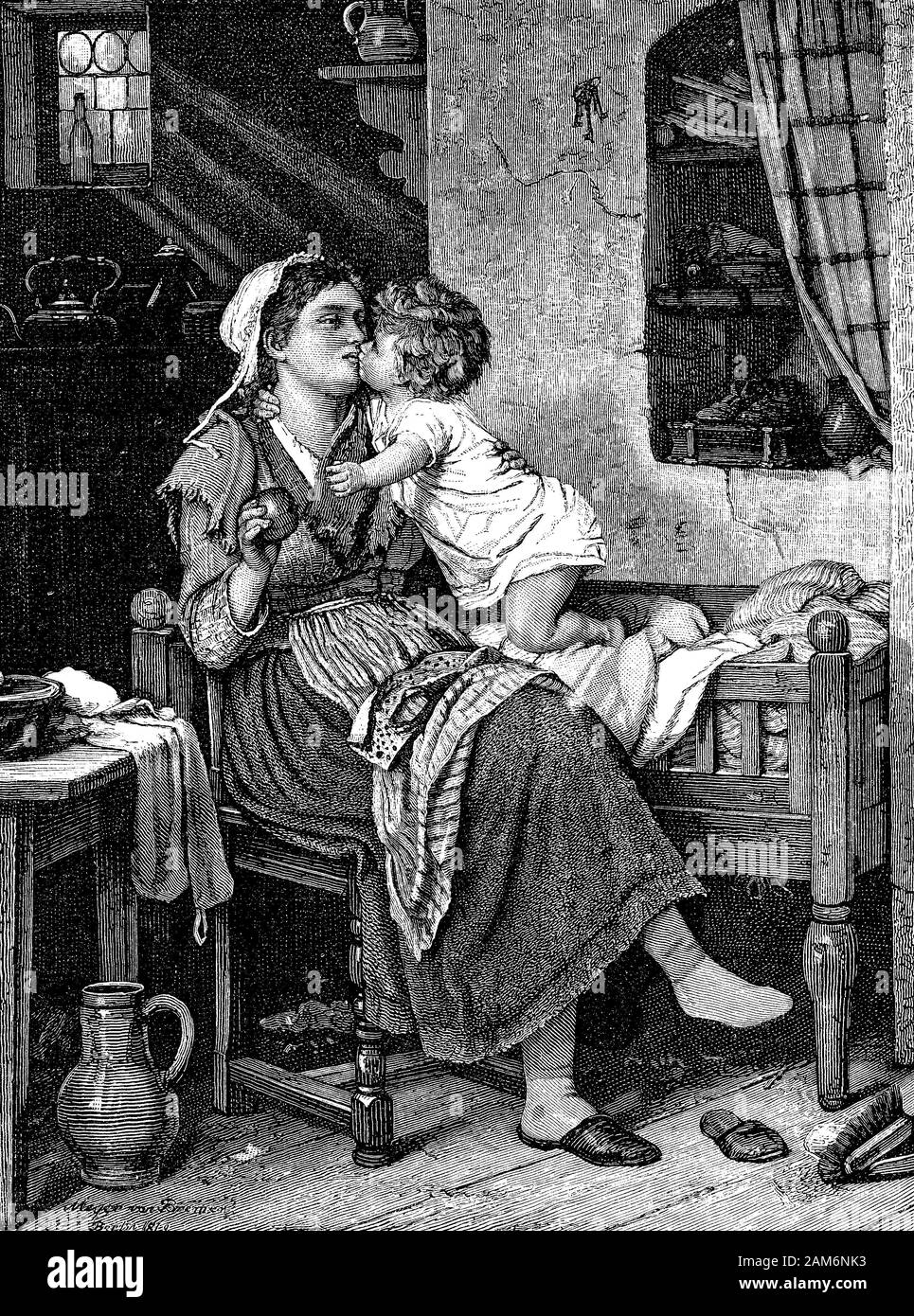 Before a kiss! mother asks her toddler for a kiss before giving him an apple. Cute homely family scene in a rural home. Stock Photo