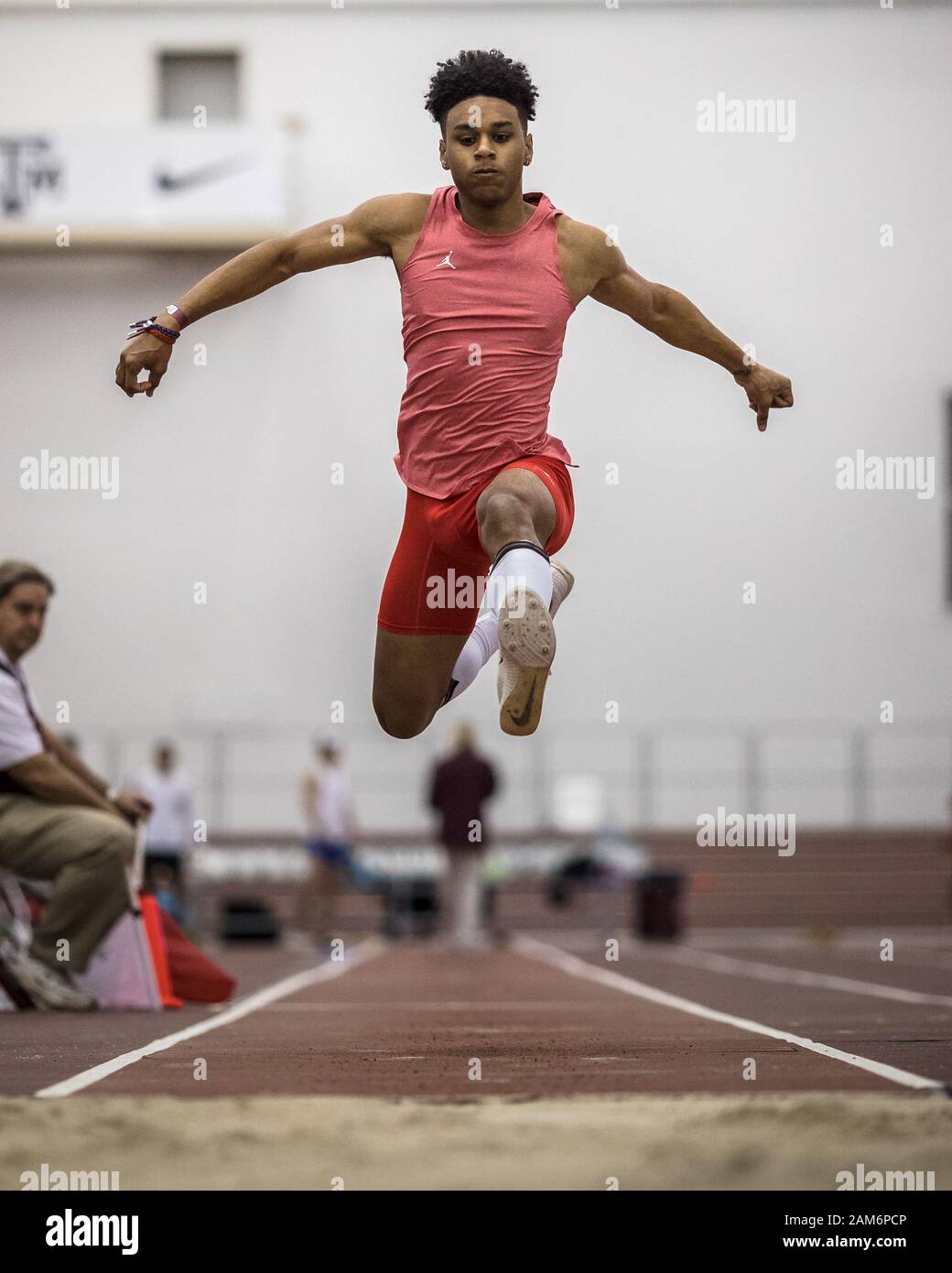 College Station, Texas, USA. 11th Jan, 2020. Caleb Malbrough competes in the Boys triple jump during the Texas A&M High School Indoor Classic at the McFerrin Athletic Center's Gilliam Indoor Stadium in College Station, Texas. Prentice C. James/CSM/Alamy Live News Stock Photo