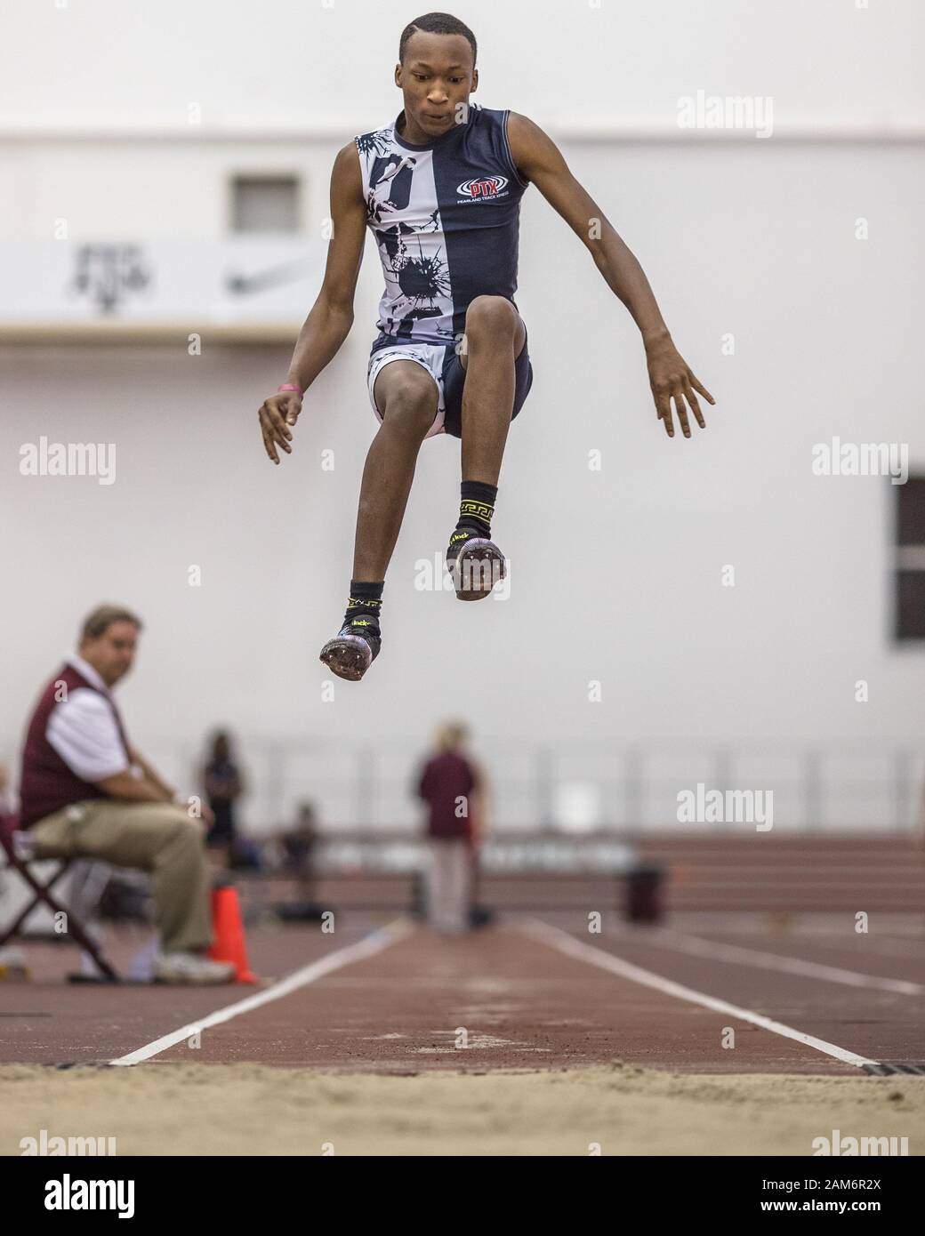 College Station, Texas, USA. 11th Jan, 2020. Nolen Richie competes in the Boys triple jump during the Texas A&M High School Indoor Classic at the McFerrin Athletic Center's Gilliam Indoor Stadium in College Station, Texas. Prentice C. James/CSM/Alamy Live News Stock Photo