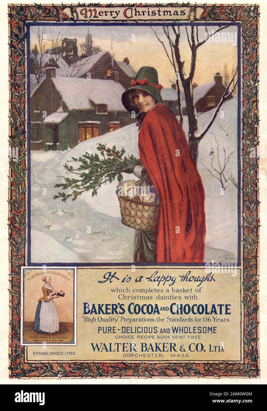 Vintage advertisement of Baker's Cocoa and Chocolate depicting a lady with a basket of