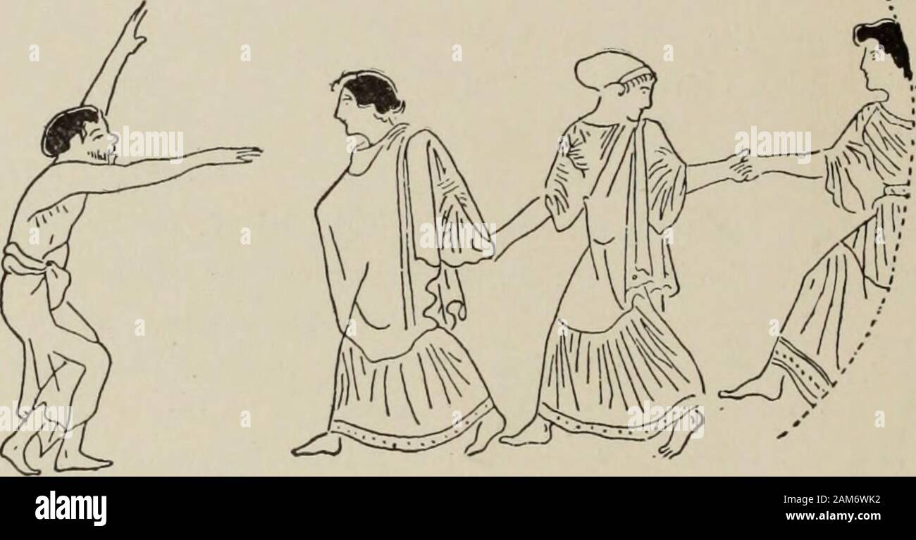 The antique Greek dance, after sculptured and painted figures . Fig. 509.. Fig. 510. scene is replete with gayety, quite in contrast to the austere dancein Fig. 509. 345. The God Who Leads, Holding the Hand of One of theWomen.—Fig. 511 is remarkable in that it shows the women witharms entwined. Fig. 512 presents two figures advancing in full THREE WOMEN WITHOUT A LEADER 215 face view. These are from the grotto of the Nymphs. The masqueof Acheloiis, father of the Nymphs, and the god Pan figure in thedecorations. Hermes conducts the three dancers. 346. Three Women Without a Leader.—A tcrra-cotta Stock Photo