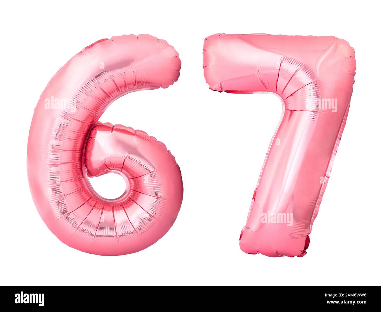 Number 67 sixty seven made of rose gold inflatable balloons isolated on ...