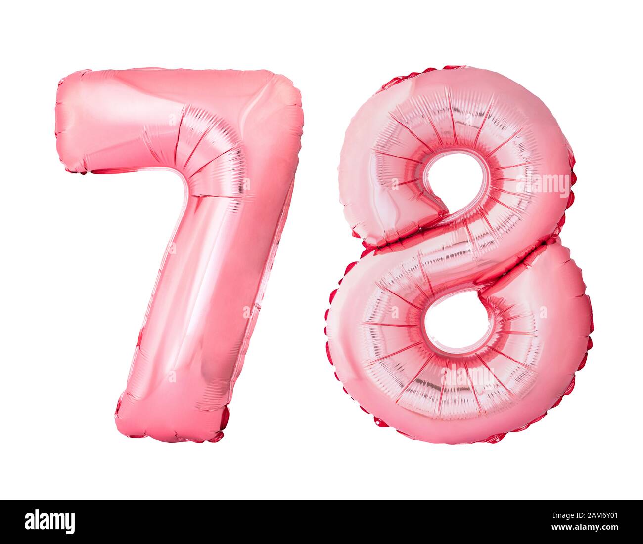 Number 78 seventy eight of rose gold inflatable balloons isolated on white background Stock Photo