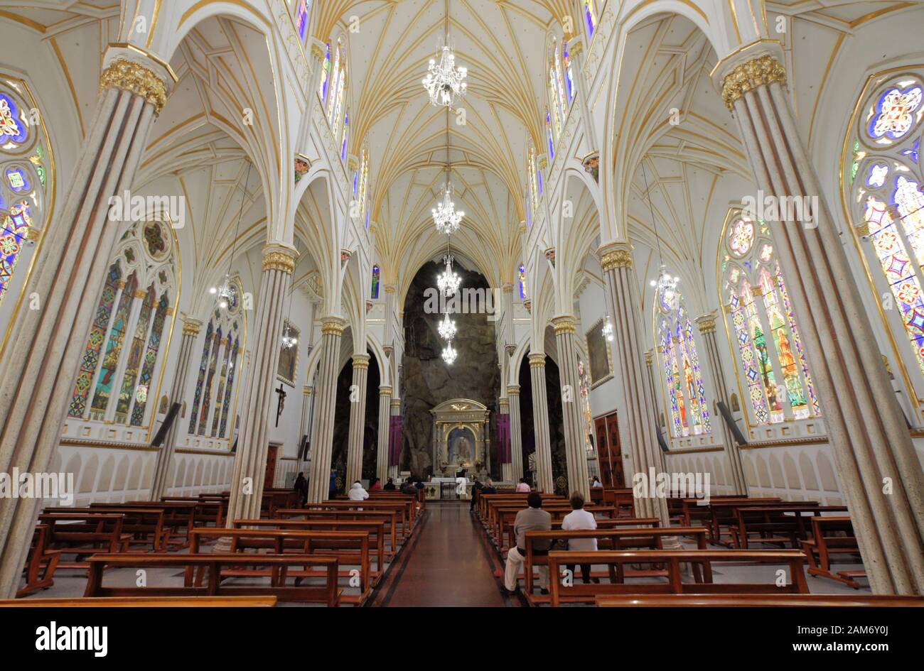 Interior of Santuario Nuestra Señora de las Lajas (Las Lajas), a neo-Gothic Roman Catholic basilica, Ipiales, Colombia Stock Photo