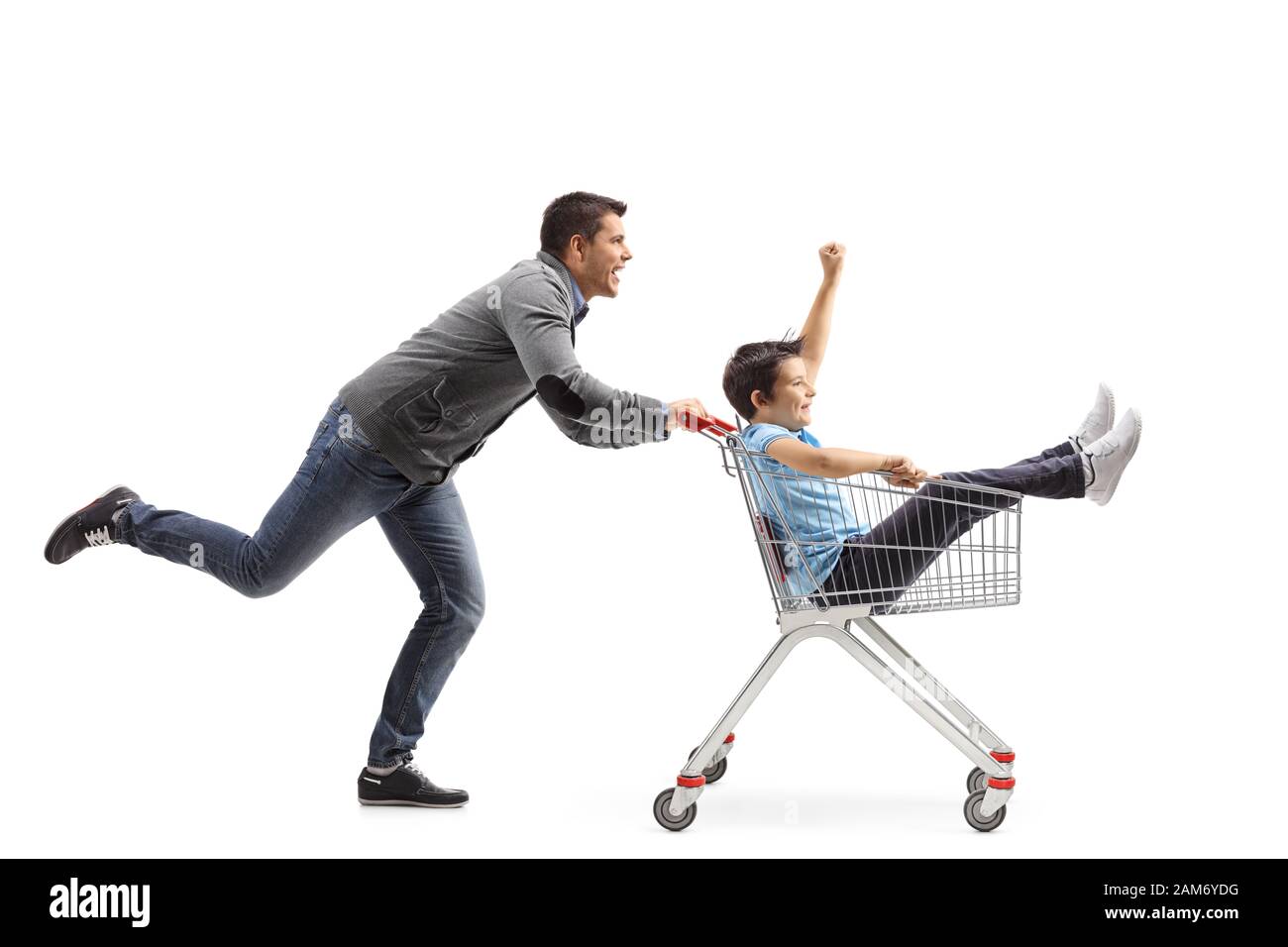 Father pushing son inside a shopping cart isolated on white background ...