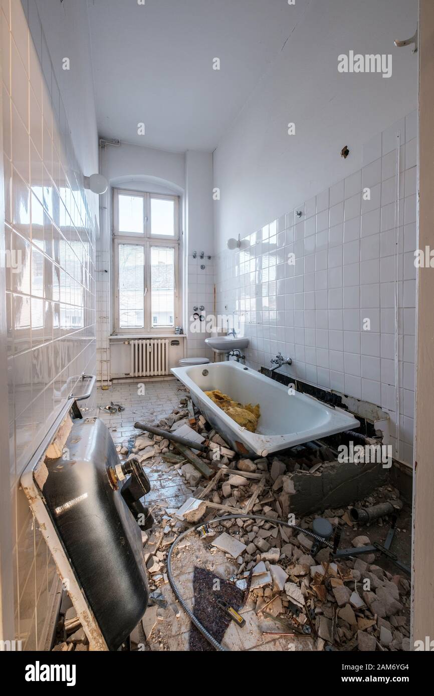 bathroom renovation, old bath during flat renovation  - Stock Photo