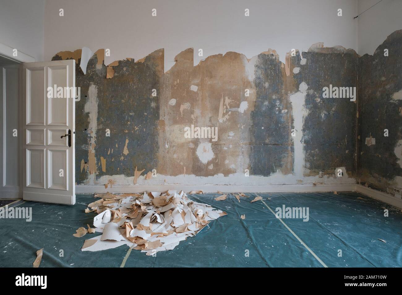 removing wallpaper from wall in room during flat renovation - Stock Photo