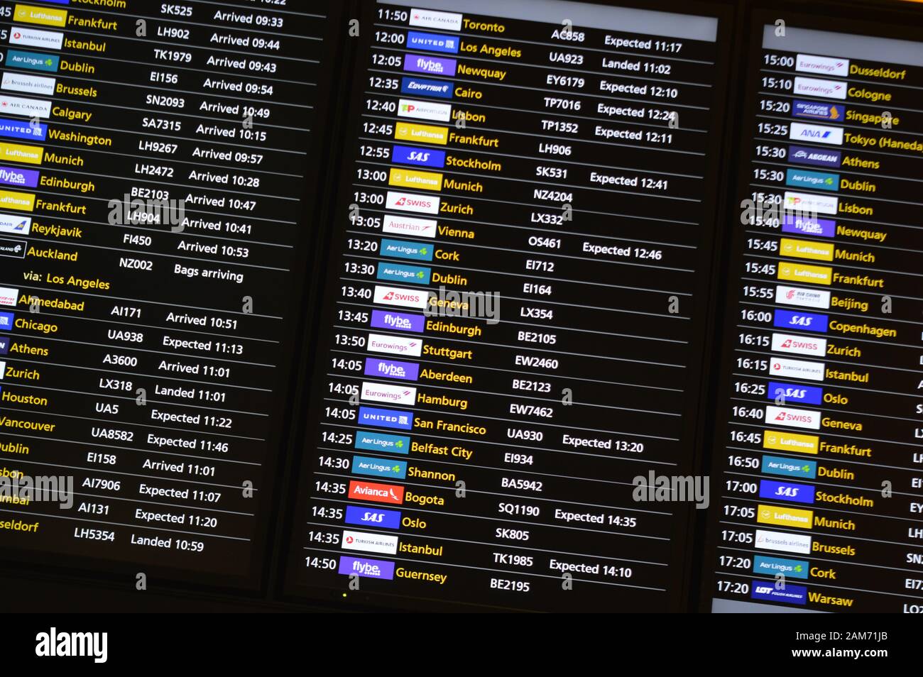 London, UK. 5 January, 2020. Flight information display board, displaying information of arrival of flights at London Heathrow Terminal 2. Stock Photo