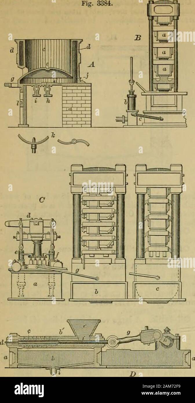 Knight's American mechanical dictionary : a description of tools, instruments, machines, processes and engineering, history of inventions, general technological vocabulary ; and digest of mechanical appliances in science and the arts . ped in the ilepression c; thesteam is let on, and when a temjieratureof 180° to 190° Fall, is attained the gateis opened and the meal witluUawn, fall-ing through the aperture &lt;j into a bag be-neath ; the bag lieing partially filled, itsunfilled portion is turned over so as to closeits mouth, and it is placed within a .squeezermade of horsehair cord covered wi Stock Photo