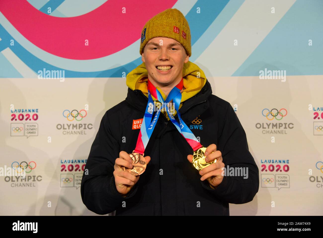 Lausanne, Switzerland. 11th Jan, 2020. Ski racer Adam Hofstedt of Sweden  with his 2 medals from ski racing events in the 2020 Winter Youth Olympic  Games in Lausanne Switzerland. Credit: Christopher Levy/ZUMA