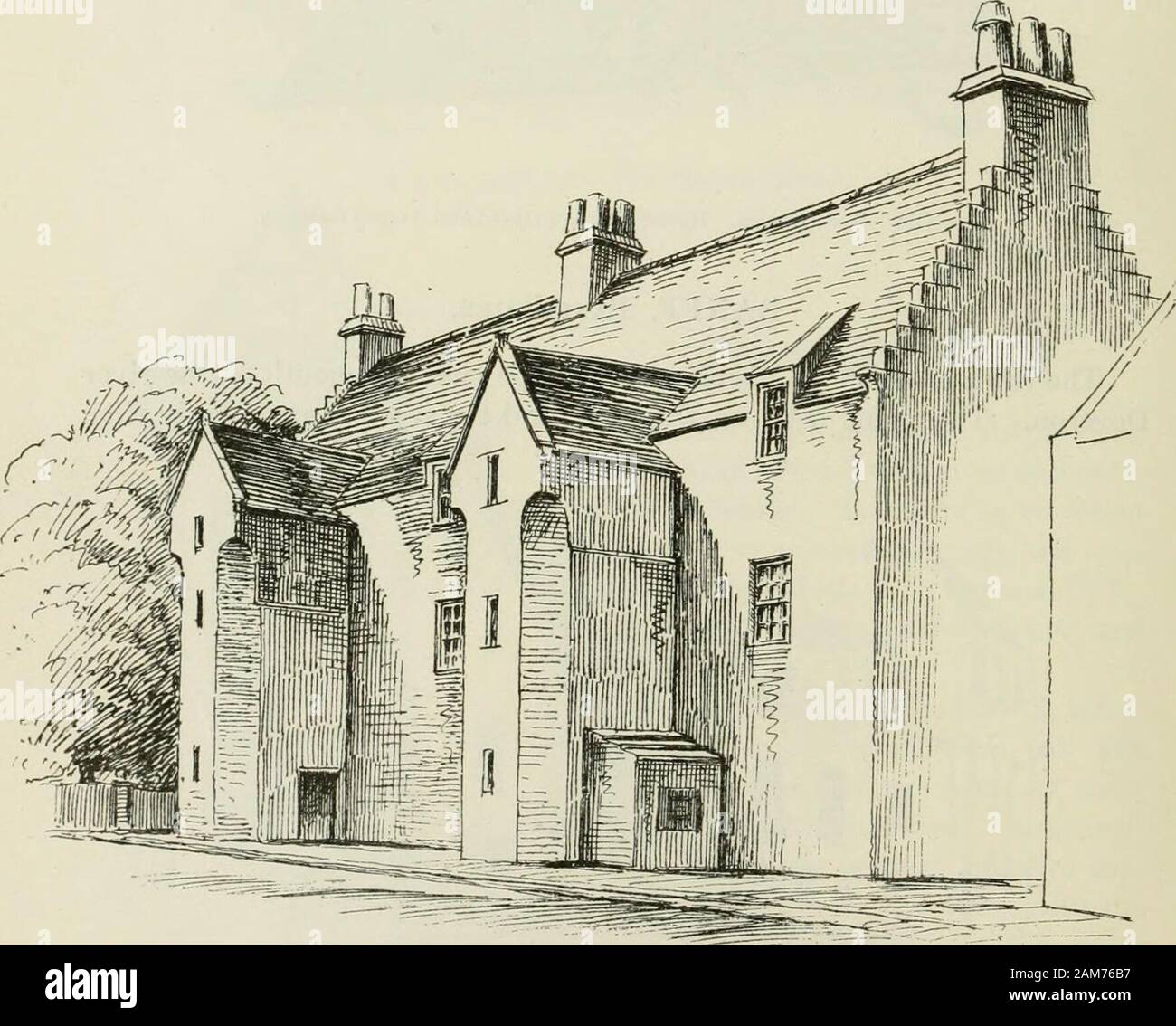 The castellated and domestic architecture of Scotland, from the twelfth to the eighteenth century . Fio. 1201.—Baiift. Town House of the Bairds of Auchmedden.Panel over Archwaj and Dormers. As a county town Banff formerly possessed the town residences ofmany of the gentry of the neighbourhood; but few of these now remain.. Fio. 1202.-Banff. House in Uiiiu-r Strcel. HOUSES IN ELGIN 85 FOURTH PERIOD The House of Airlie, the residence of the Earl of Fife, has been supersededby a splendid classic structure of last century; and the Towers, thepalace of Lord Banff, was demolished by General Munro in Stock Photo