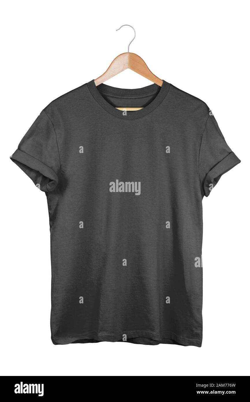 Black t-shirt on hanger isolated on white background. Branding template Stock Photo
