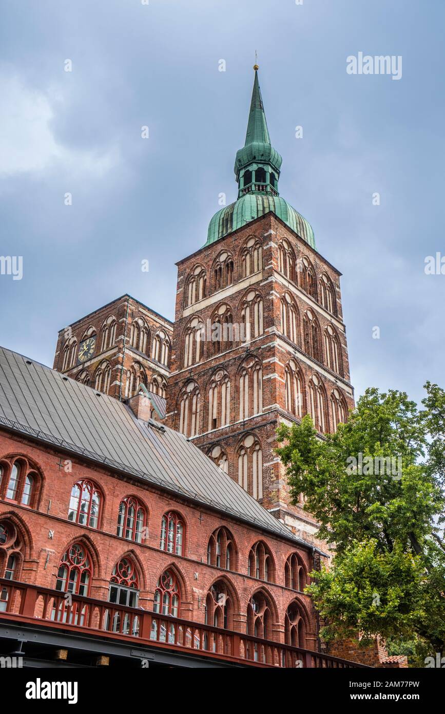 the towers of Gothic St. Nicholas Church (Nikolaikirche), Hanseatic town of Stralsund, Mecklenburg-Vorpommern, Germany Stock Photo