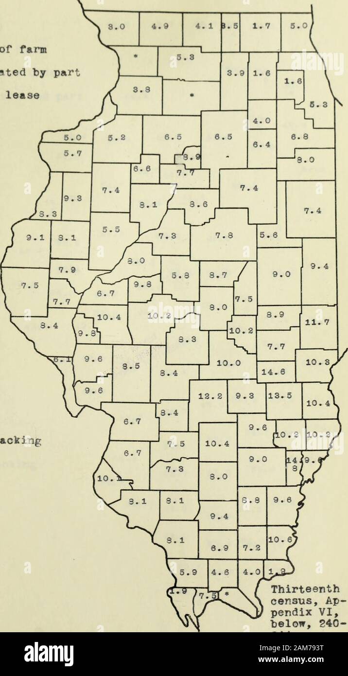 Land tenure in the United States : with special reference to Illinois . Thirteenthcensus, Ap-pendix VI,helow, S40-S44. ILLINOIS 18R. 1910 Percentage of farmacrenge operated by partowners under lease The state,7.4:5 « Data lacking. Thirteenthcensus. Ap-pendix VI,below, 240-244. Or ILLINOIS 189. 1910 FercentRpe of faraacreage operated underlease by tenants and partowners The state,51.01 &lt;j Data lacking Stock Photo
