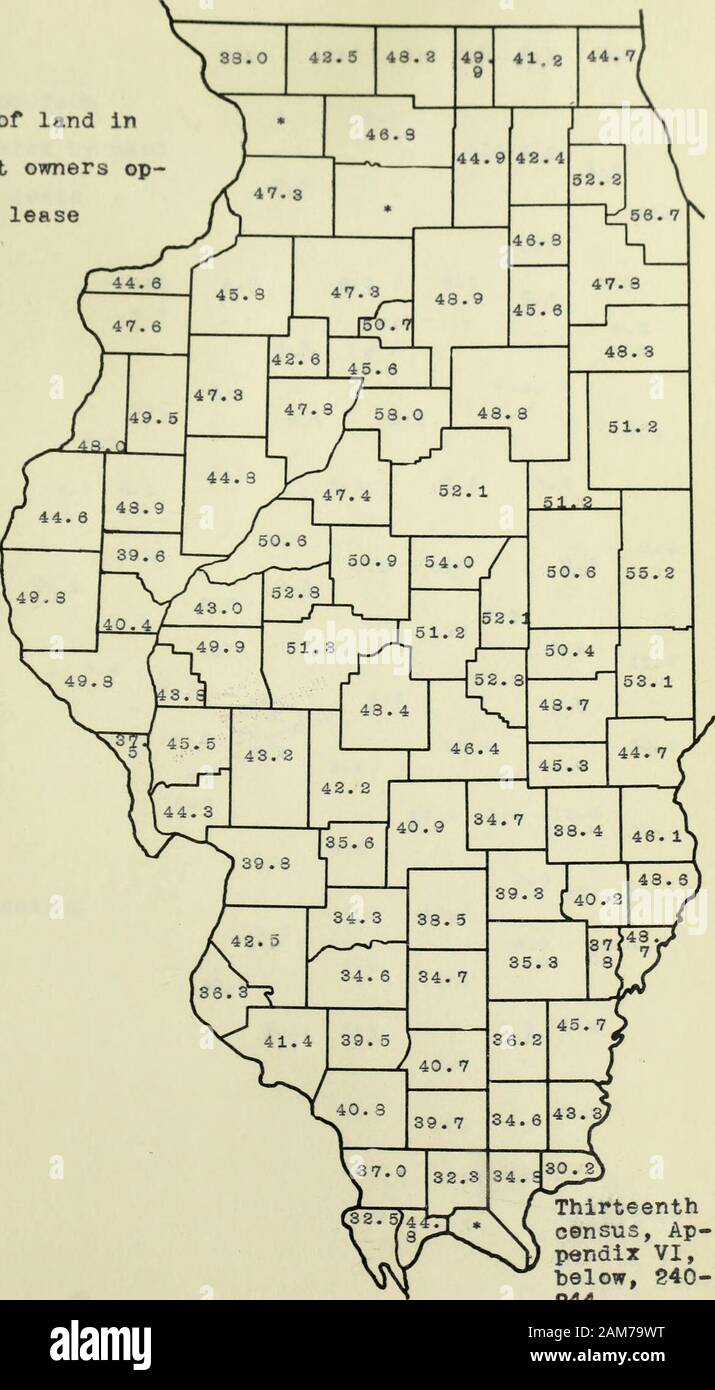 Land tenure in the United States : with special reference to Illinois . Thirteenthcensus, VI,456-4*^5 • andAppendix VI,below, 240- 244. ILLINOIS 187. 1910 Percentage of land infarrcs of part owners op-erated under lease The state,44.7. Thirteenthcensus, Ap-pendix VI,helow, S40-S44. ILLINOIS 18R. 1910 Percentage of farmacrenge operated by partowners under lease The state,7.4:5 « Data lacking Stock Photo