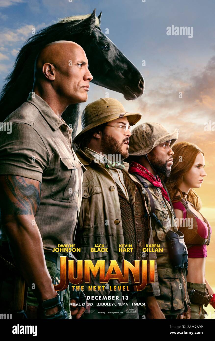 Jumanji: The Next Level (2019) directed by Jake Kasdan and starring Dwayne Johnson, Jack Black, Kevin Hart and Karen Gillan. The old video game malfunctions brings new surprises for the players. Stock Photo