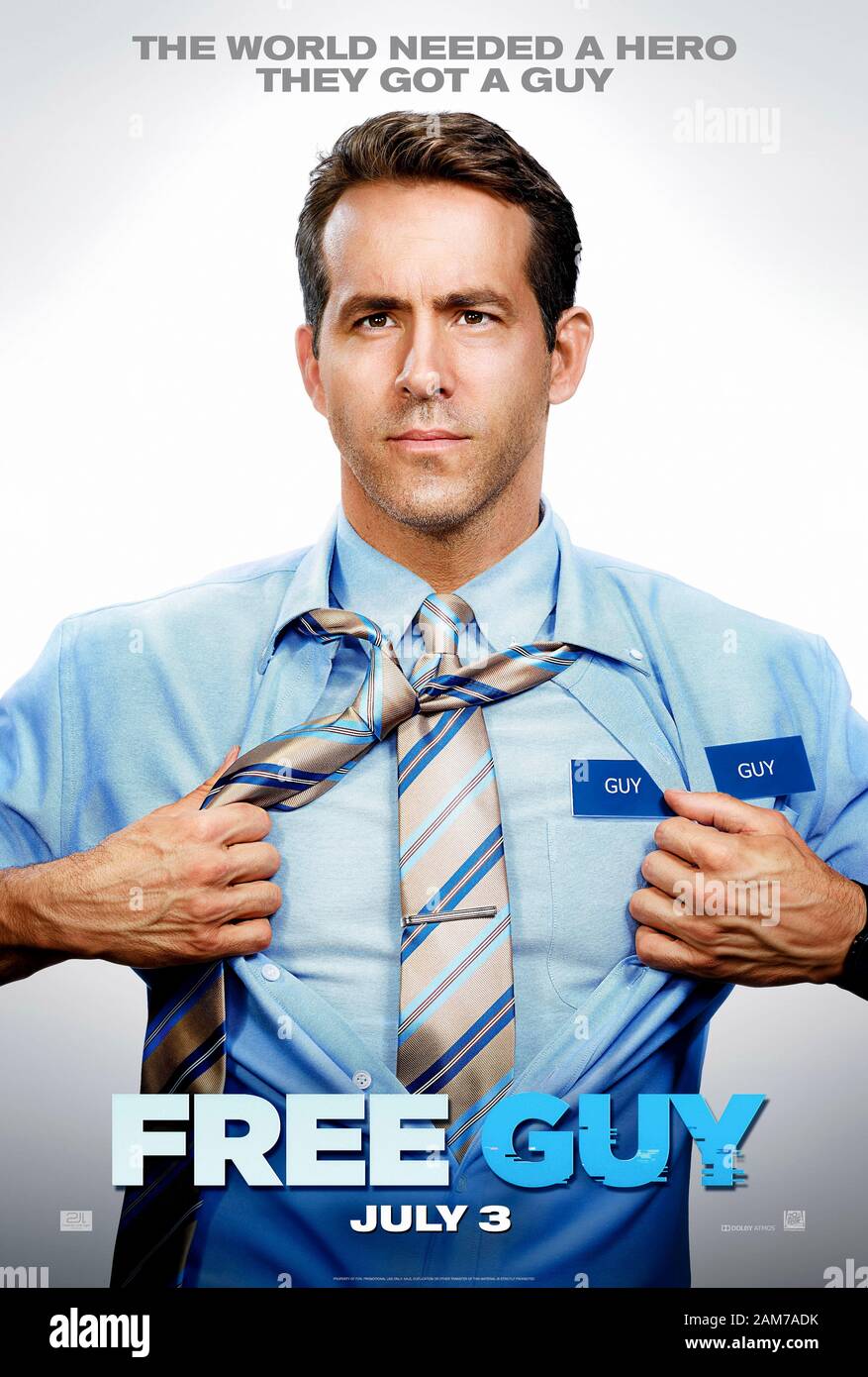 Free Guy (2020) directed by Shawn Levy and starring Taika Waititi, Ryan Reynolds and Jodie Comer. Comedy about a bank teller who discovers he is a non-player character in a violent video game. Stock Photo