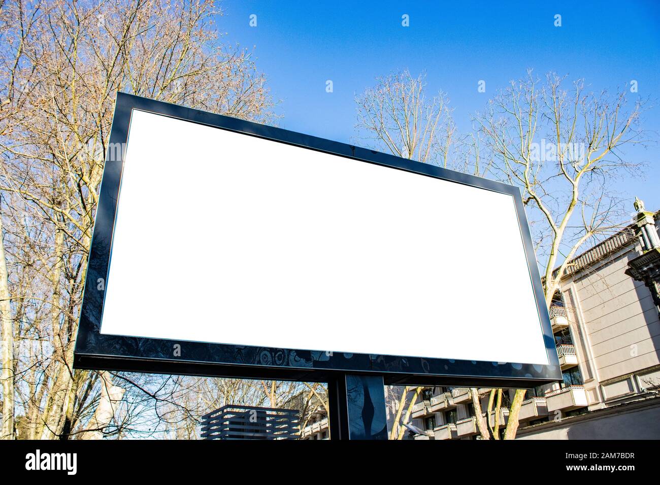 billboard blank mockup and template empty frame for logo or text on exterior street advertising poster screen city background, modern flat style, outd Stock Photo