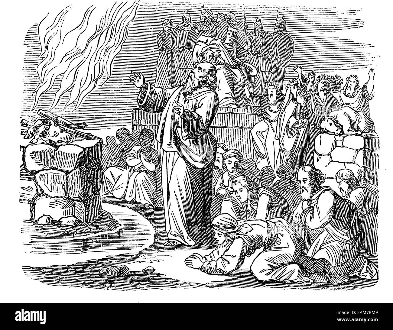 Vintage drawing or engraving of biblical story of prophet Elijah on Mount Carmel asking God to set fire and defeating Baal.Bible, Old Testament, 1 Kings 18. Biblische Geschichte , Germany 1859. Stock Vector