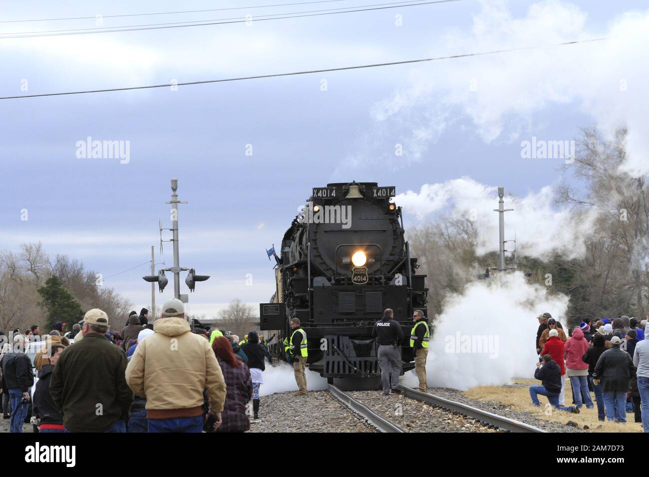 Big Boy 4014 in Ellsworth Kansas USA with Steam and Smoke on a Historical Day on 11-21-2019 that was on an overcast day. Stock Photo