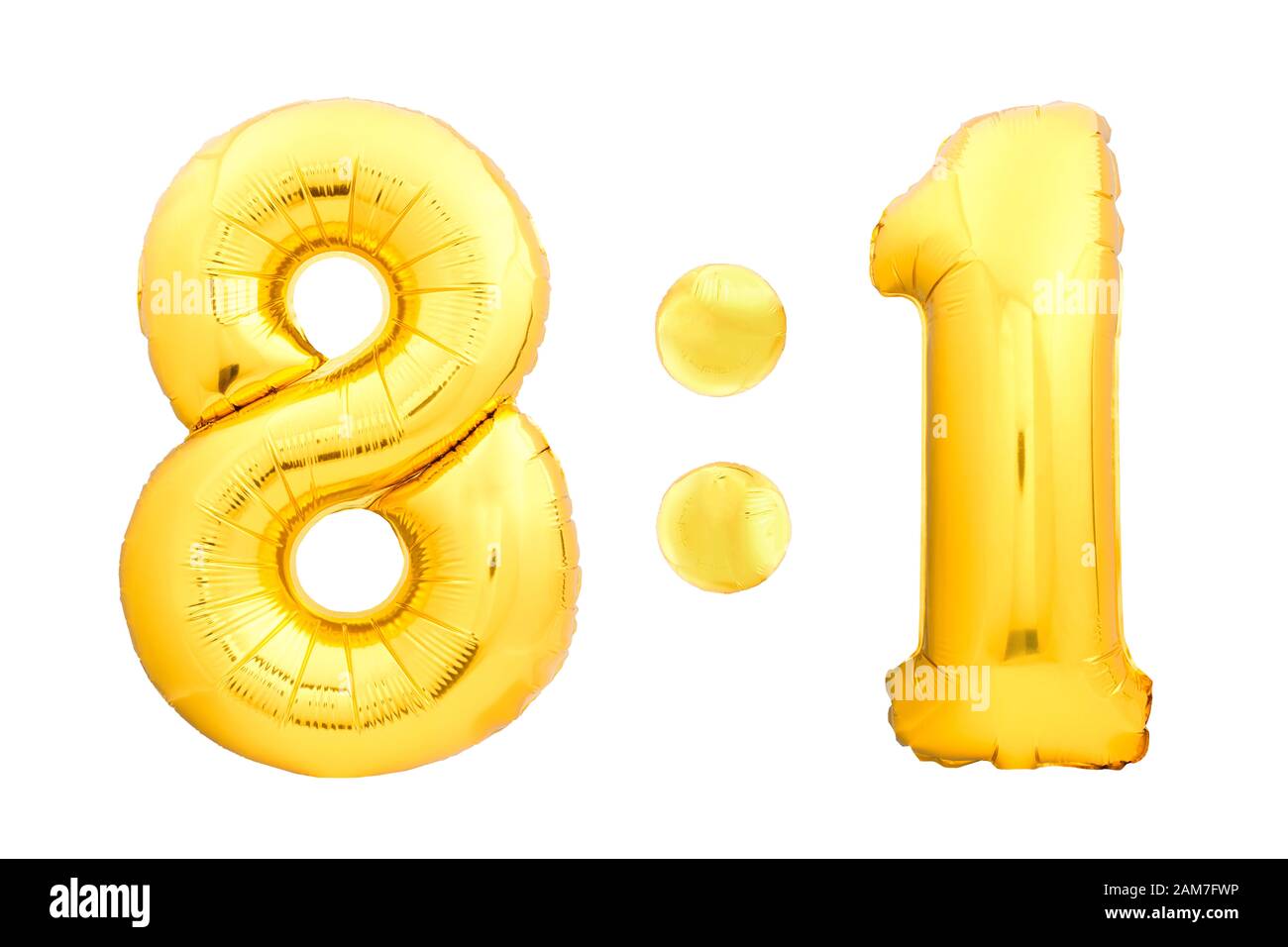 Football or hockey score 8:1 numbers eight and one made of golden inflatable balloons isolated on white background. Children competition scoreboard Stock Photo