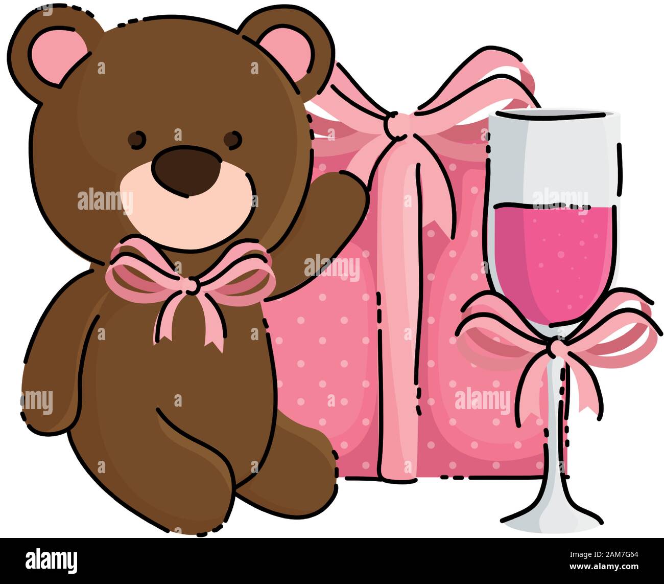 cute teddy bear with gift box and cup champagne Stock Vector Image ...