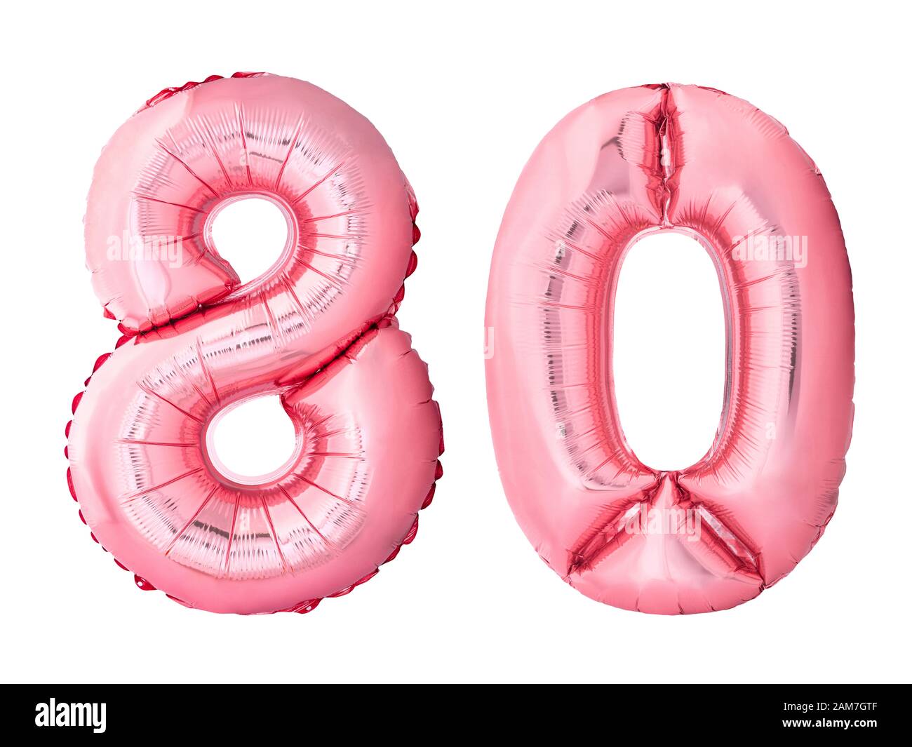 Number 80 eighty made of rose gold inflatable balloons isolated on white background. Discount and sale or birthday concept Stock Photo