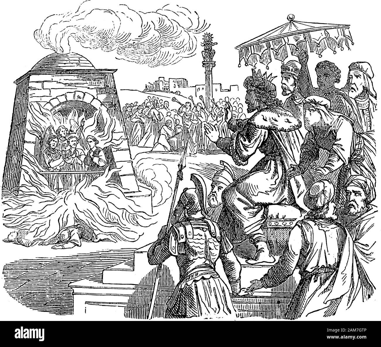 Vintage drawing or engraving of biblical story of three Jews set in fire in roaring furnace by king Nebuchadnezzar of Babylon, but rescued by angel.Bible, Old Testament,Daniel 3. Biblische Geschichte , Germany 1859. Stock Vector