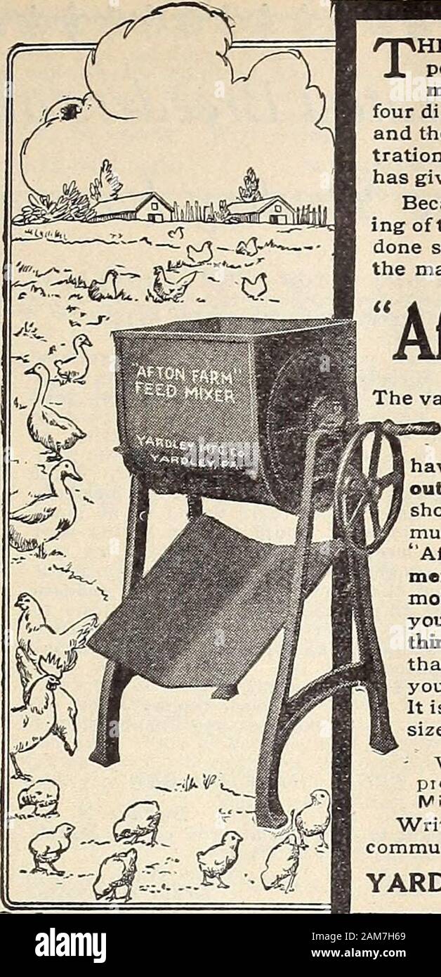 Poultry fancier . THE feed mixing problem is solved. For many years thepoultrymen have needed a feed mixer that was a realmixer. Now there is one. There have been no less thanfour different types tried on the famous Afton Poultry Farmand their Mr. Twining pronounces the one shown in the illus-tration the best he has ever used and all he could ask for. Hehas given it a thorough try-out and knows of what he speaks. Because of the part Afton Farm has played in the perfect-ing of this mixer, and because of the further fact that it hasdone so much toward making Afton Farm more profitable,the machin Stock Photo