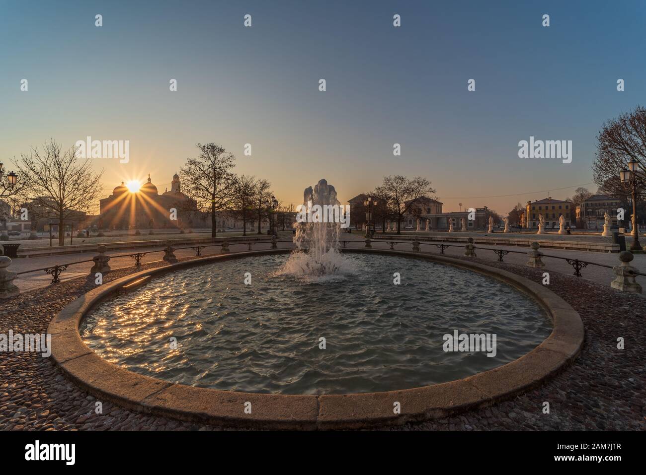 Prato della Valle, square in the city of Padua with the Memmia island surrounded by a canal surrounded by 87 statues, Italian cityscape Stock Photo