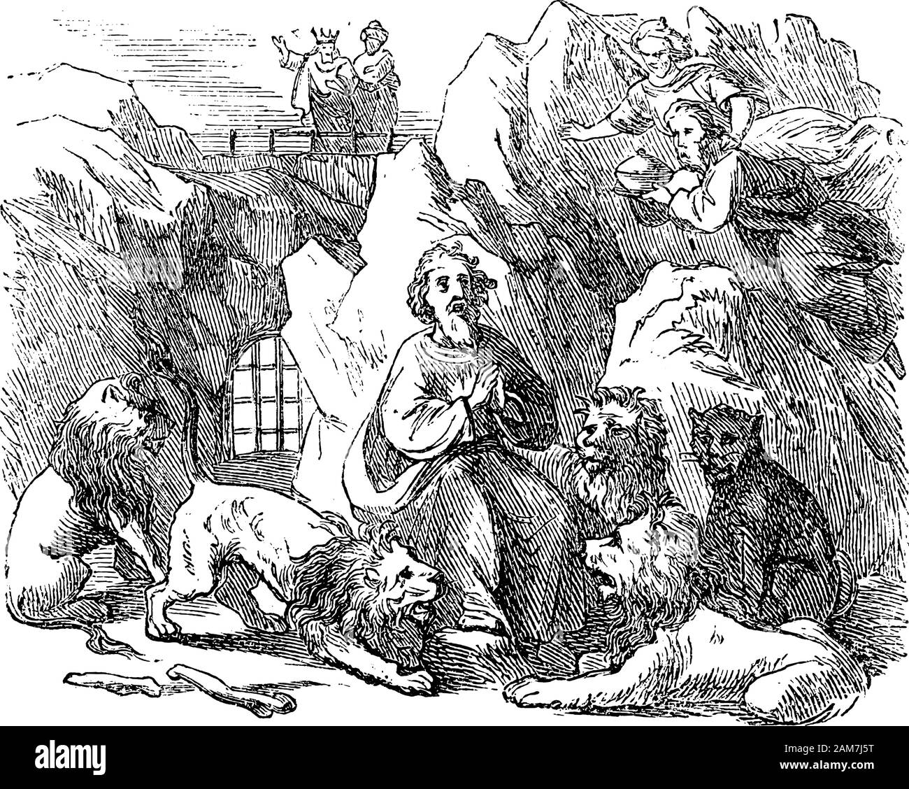 Vintage drawing or engraving of biblical story of prophet Daniel Send in lion's den by king Darius of Babylon. Old Man surrounded by lions. Bible, Old Testament,Daniel 6. Biblische Geschichte , Germany 1859. Stock Vector