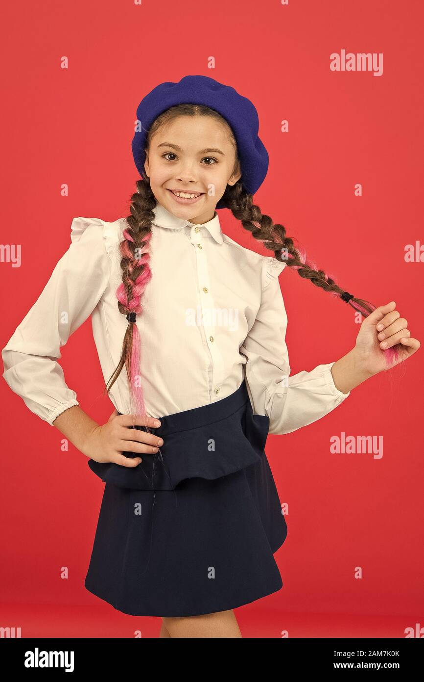 Do you speak french. School fashion concept. Schoolgirl wear formal school uniform and beret hat