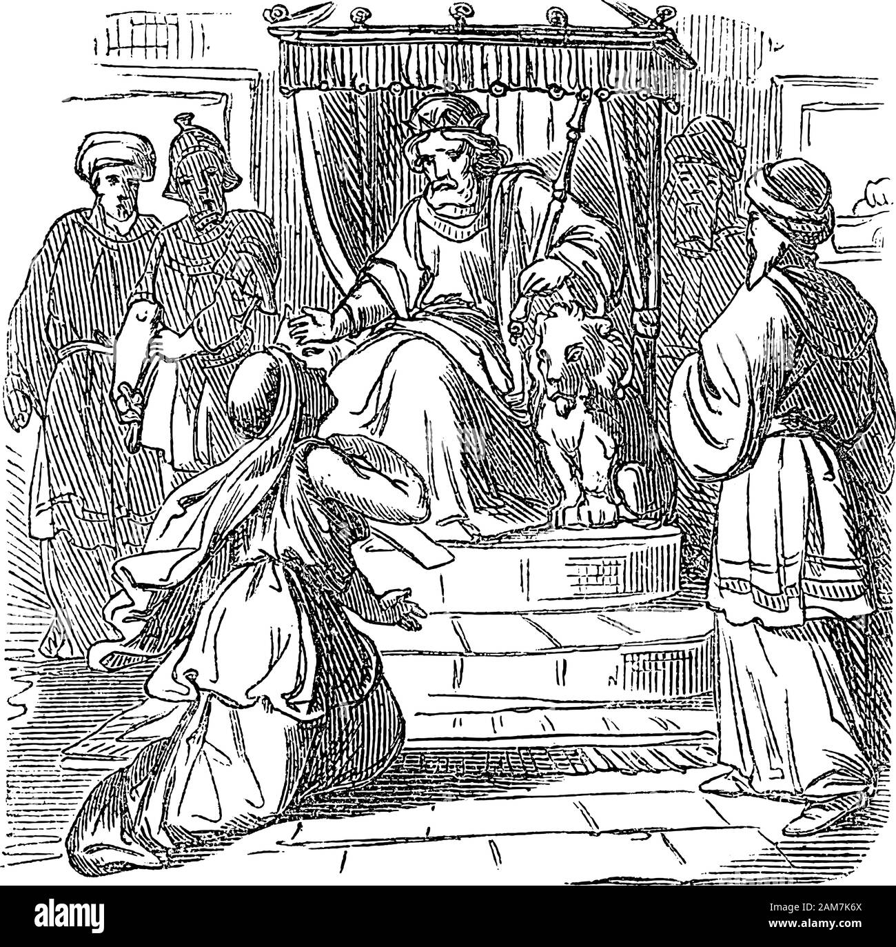 Vintage drawing or engraving of biblical story of Esther standing with Mordecai in front of throne of Persian king Ahausuerus or Xerxes.Bible, Old Testament,Esther. Biblische Geschichte , Germany 1859. Stock Vector