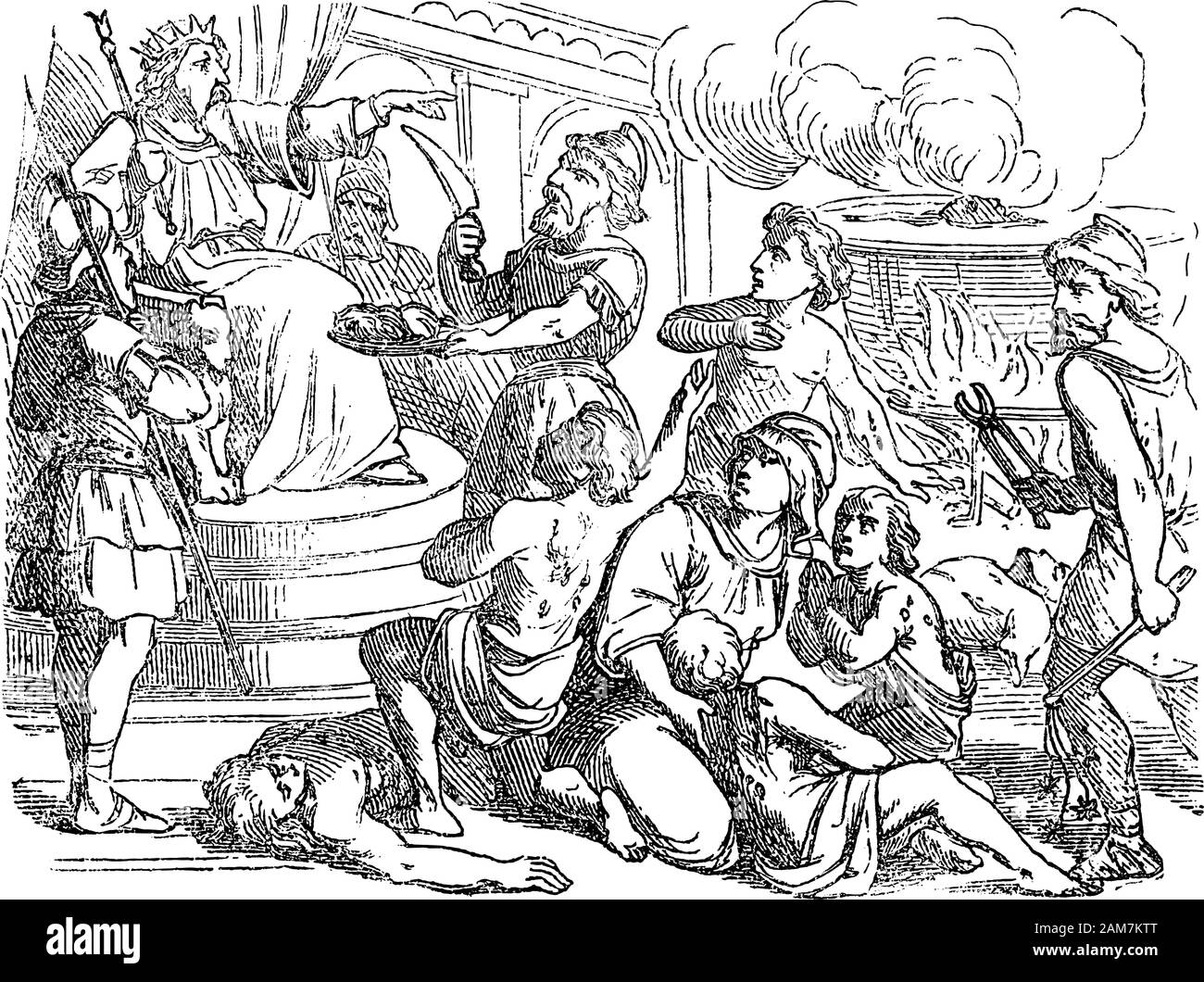 Vintage drawing or engraving of biblical story of mother and her seven sons dying when refusing to eat pork. Bible, Old Testament, 2 Maccabees 7. Biblische Geschichte , Germany 1859. Stock Vector